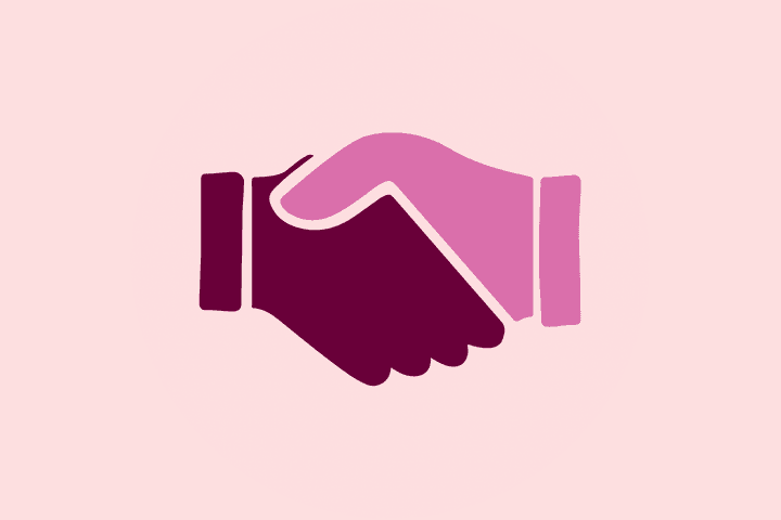 Piktogram med en rosa och en lila hand som möts i ett handslag. Bakgrunden är turkos.